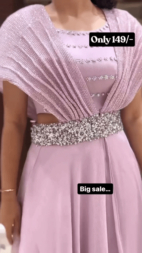 Party Wear Gown with Embellished Waist Belt, Floral Stone Work, Layered Pleated Shoulder Design and Flowing Flared Bottom – Perfect for Weddings, Receptions and Special Occasions - Image 2