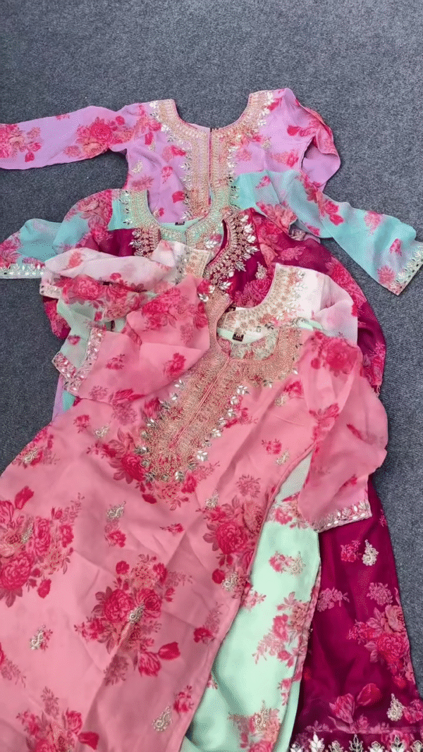 Elegant Floral Embroidered Organza Suit Set for Women with Designer Neck Work and Sequin Detailing, Stylish Semi-Stitched Kurti with Matching Dupatta and Bottoms in Vibrant Festive Colors - Image 2