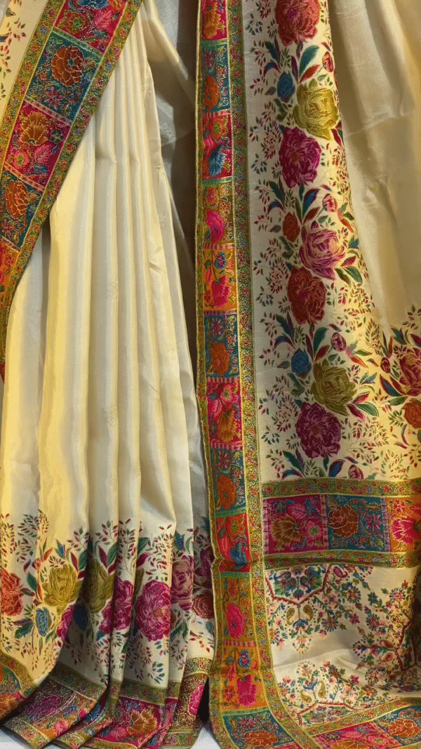 Elegant Cream Banarasi Silk Saree with Multicolor Floral Jaal Weaving, Rich Contrasting Zari Border, Traditional Pallu Design, and Intricate Meenakari Detailing Perfect for Festivals, Weddings, and Cultural Celebrations - Image 3