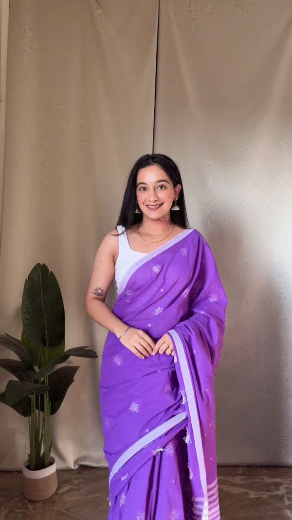 Elegant White Organza Saree with Colorful Floral Embroidery and Graceful Purple Cotton Saree with Subtle Thread Work – Perfect Lightweight Combo for Festive and Casual Occasions - Image 2