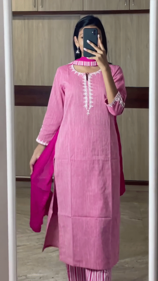 Dual Cotton Suit Set Featuring White Straight Kurta with Indigo Tribal Print Accents and Contrasting Blue Dupatta, Paired with Pink Textured Kurta Adorned with White Thread Embroidery, Striped Pants, and Solid Dupatta – Perfect for Casual and Festive Daywear - Image 3