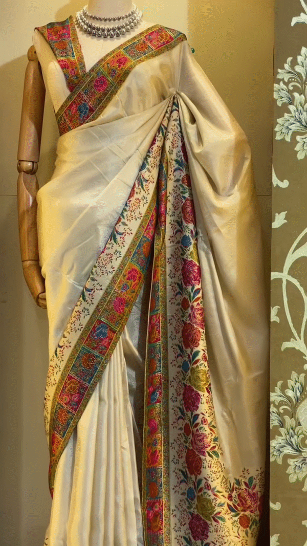 Elegant Cream Banarasi Silk Saree with Multicolor Floral Jaal Weaving, Rich Contrasting Zari Border, Traditional Pallu Design, and Intricate Meenakari Detailing Perfect for Festivals, Weddings, and Cultural Celebrations