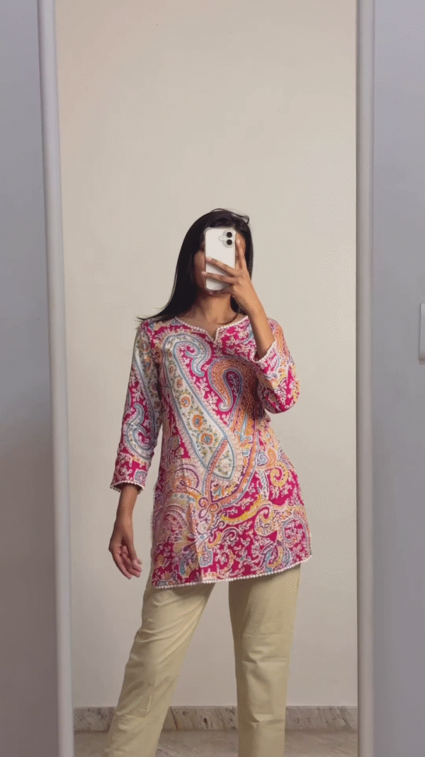 Floral Printed A-Line Kurti Top with Intricate Pink and Green Embroidery on Yoke and Sleeves, Mandarin Collar, and Three-Quarter Sleeves Paired with Matching Solid Straight Pants – Perfect for Casual Ethnic Chic Look