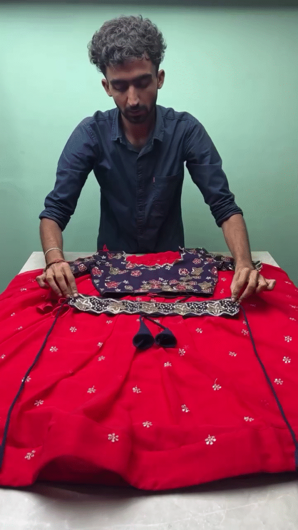 Red Embroidered Lehenga Choli with Contrasting Navy Blue Floral Blouse, Scalloped Dupatta Border, and Intricate Mirror Work Detailing – Perfect for Festive and Traditional Occasions - Image 3