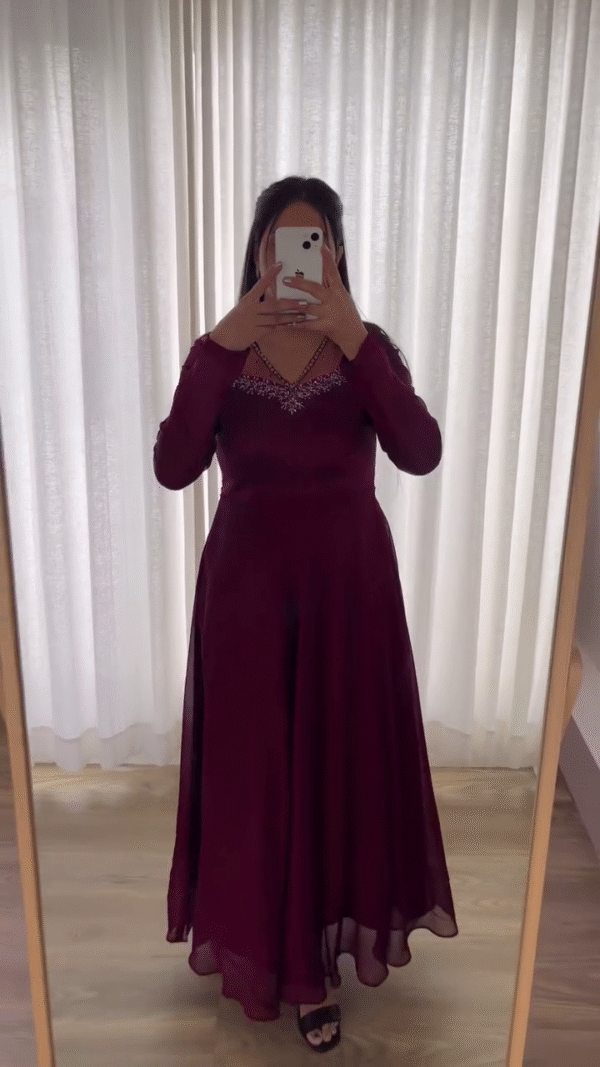 Graceful Wine Maroon Georgette Anarkali Gown with Intricate Embroidery on V-Neckline, Full Sleeves, and Flowy Flared Silhouette – Ideal for Festive, Party, and Traditional Occasions - Image 2