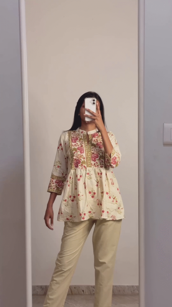 Floral Printed A-Line Kurti Top with Intricate Pink and Green Embroidery on Yoke and Sleeves, Mandarin Collar, and Three-Quarter Sleeves Paired with Matching Solid Straight Pants – Perfect for Casual Ethnic Chic Look - Image 2