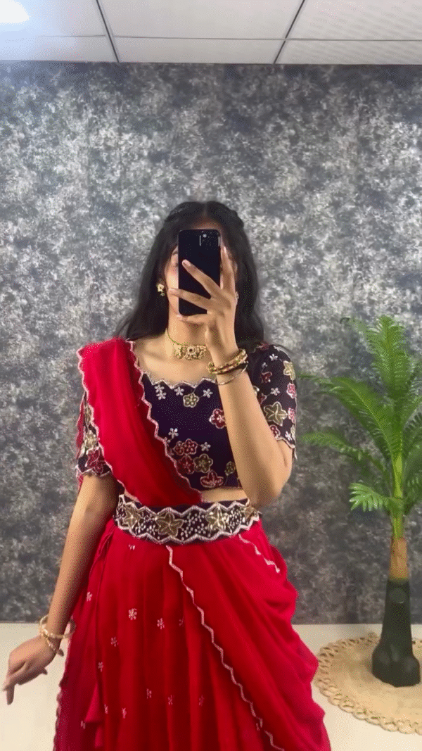 Red Embroidered Lehenga Choli with Contrasting Navy Blue Floral Blouse, Scalloped Dupatta Border, and Intricate Mirror Work Detailing – Perfect for Festive and Traditional Occasions - Image 2