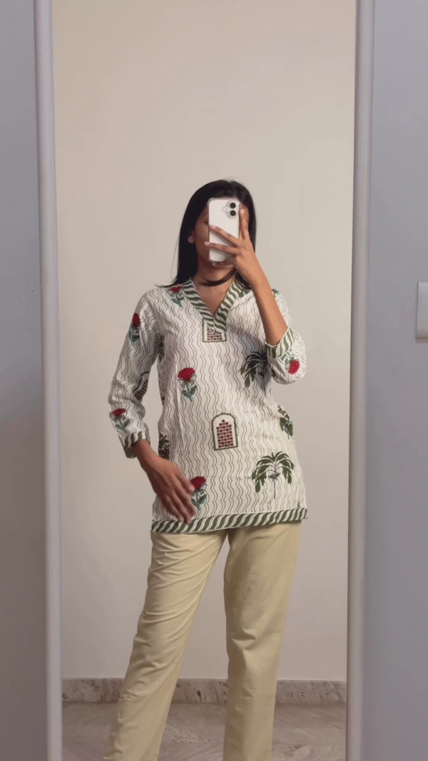 Floral Printed A-Line Kurti Top with Intricate Pink and Green Embroidery on Yoke and Sleeves, Mandarin Collar, and Three-Quarter Sleeves Paired with Matching Solid Straight Pants – Perfect for Casual Ethnic Chic Look - Image 3