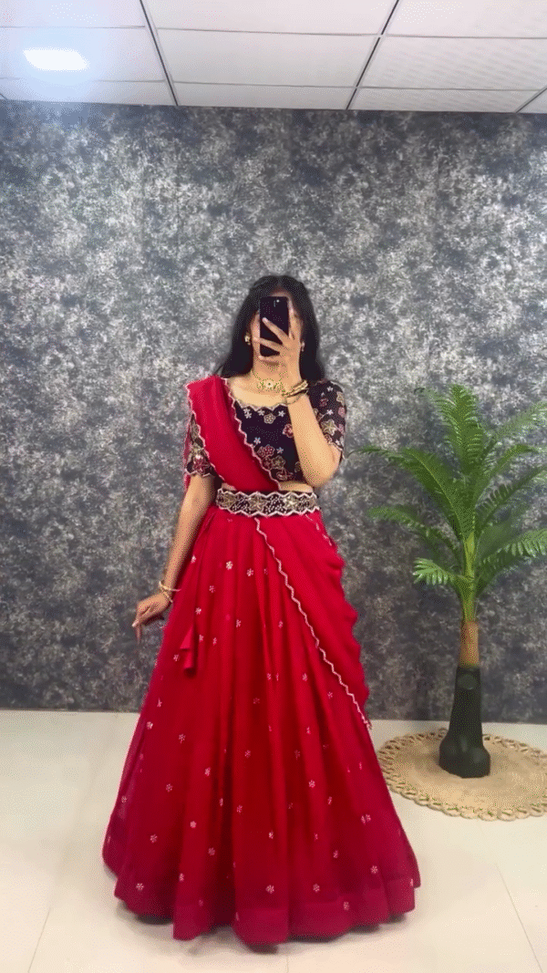 Red Embroidered Lehenga Choli with Contrasting Navy Blue Floral Blouse, Scalloped Dupatta Border, and Intricate Mirror Work Detailing – Perfect for Festive and Traditional Occasions