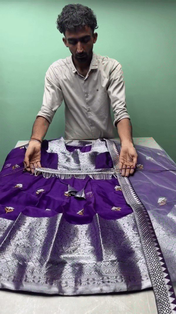 Purple and Silver Zari Woven Banarasi Silk Lehenga Choli with Intricate Embroidery, Rich Brocade Blouse, and Contrasting Net Dupatta for Wedding and Festive Wear - Image 2