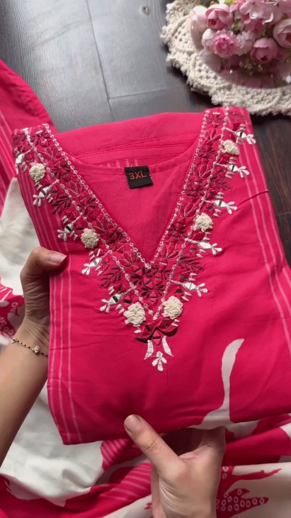 Stylish Pink and White Floral Printed Cotton Kurta Set with V-Neck Embroidered Detailing, Full Sleeves, Coordinated Printed Design, and Matching Solid Elasticated Pants – Ideal for Daily Wear, Casual Outings, and Comfortable Ethnic Style