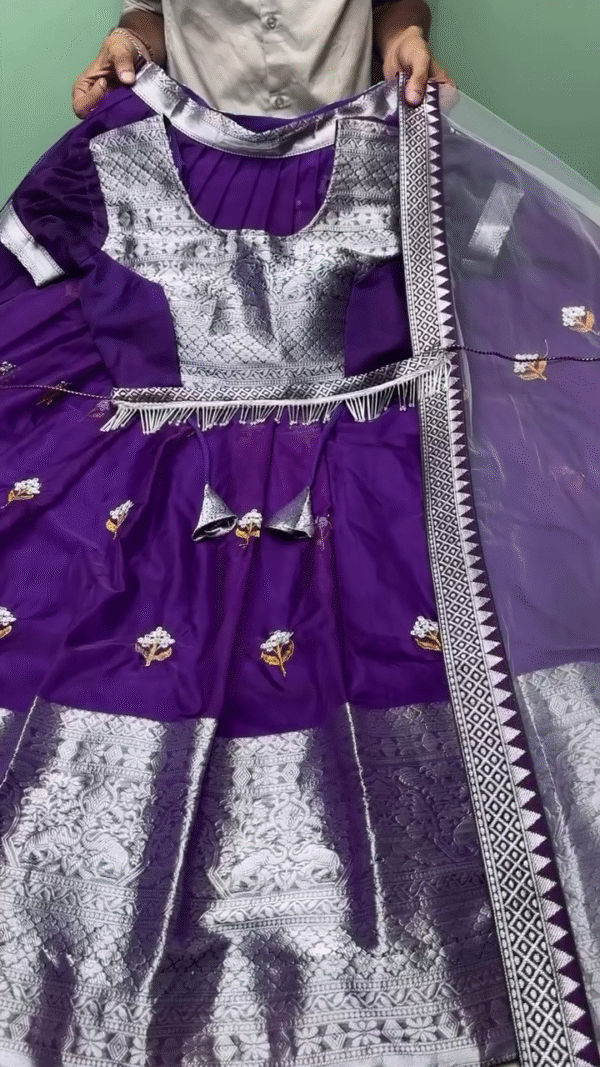 Purple and Silver Zari Woven Banarasi Silk Lehenga Choli with Intricate Embroidery, Rich Brocade Blouse, and Contrasting Net Dupatta for Wedding and Festive Wear