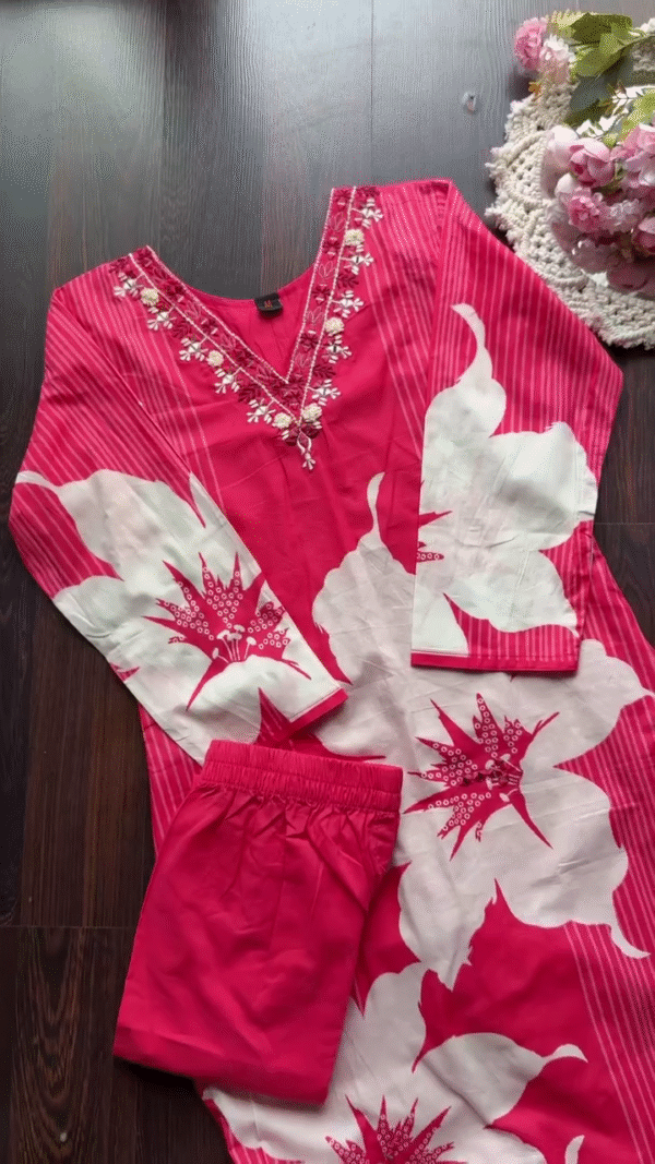 Stylish Pink and White Floral Printed Cotton Kurta Set with V-Neck Embroidered Detailing, Full Sleeves, Coordinated Printed Design, and Matching Solid Elasticated Pants – Ideal for Daily Wear, Casual Outings, and Comfortable Ethnic Style - Image 2