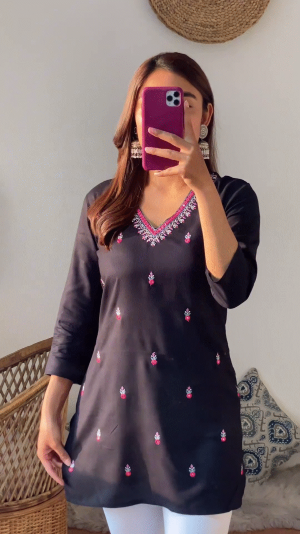 Elegant V-Neck Embroidered Cotton Kurti for Women with 3/4 Sleeves – Available in Black, Pink, Yellow, and White