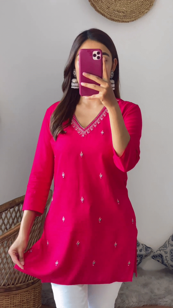 Elegant V-Neck Embroidered Cotton Kurti for Women with 3/4 Sleeves – Available in Black, Pink, Yellow, and White - Image 2