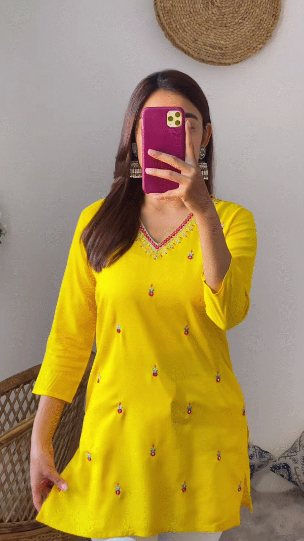 Elegant V-Neck Embroidered Cotton Kurti for Women with 3/4 Sleeves – Available in Black, Pink, Yellow, and White - Image 3