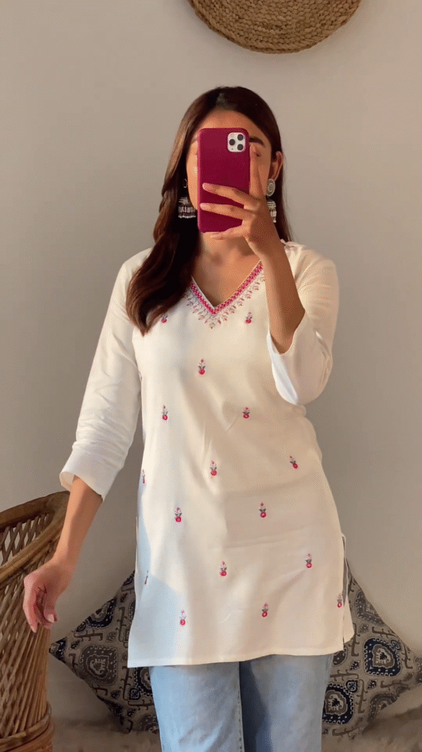 Elegant V-Neck Embroidered Cotton Kurti for Women with 3/4 Sleeves – Available in Black, Pink, Yellow, and White - Image 4