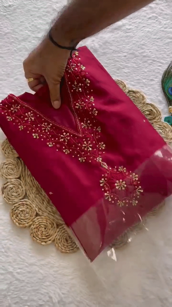 Rich Maroon Silk Blend Kurta Set – Delicately Embroidered V-Neck with Beaded Floral Accents, Paired with Matching Pants and a Traditional Bandhani-Style Dupatta in Golden Motifs – Perfect for Festive & Ethnic Wear