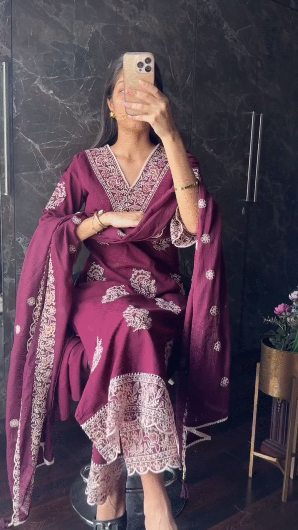 Embroidered Cotton Blend V-Neck Straight Kurta Set with Matching Dupatta and Intricate Thread Work Available in Maroon and Black Color Options - Image 3