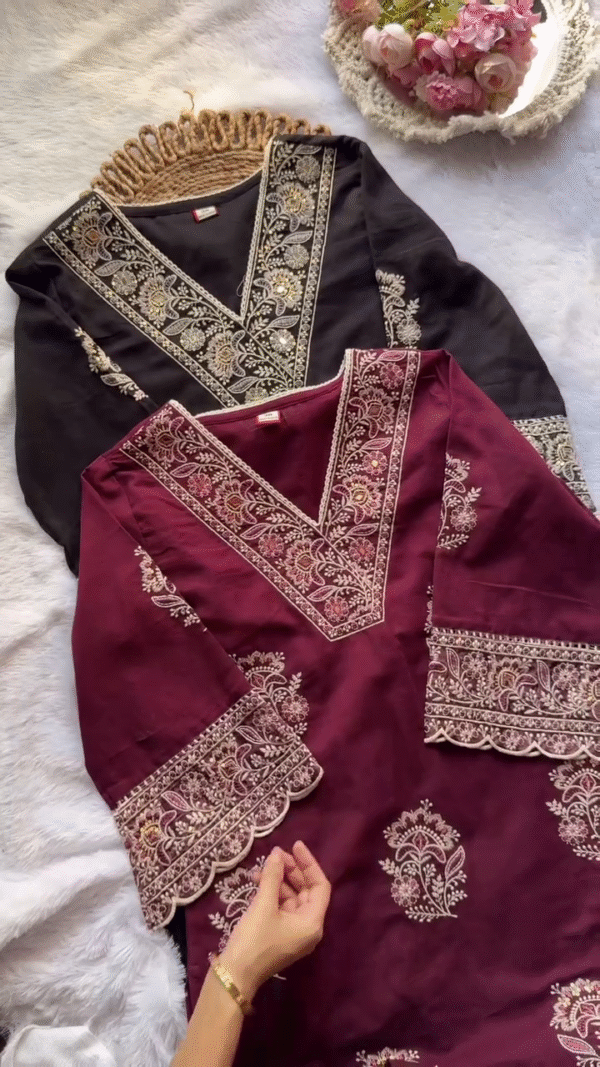 Embroidered Cotton Blend V-Neck Straight Kurta Set with Matching Dupatta and Intricate Thread Work Available in Maroon and Black Color Options - Image 2
