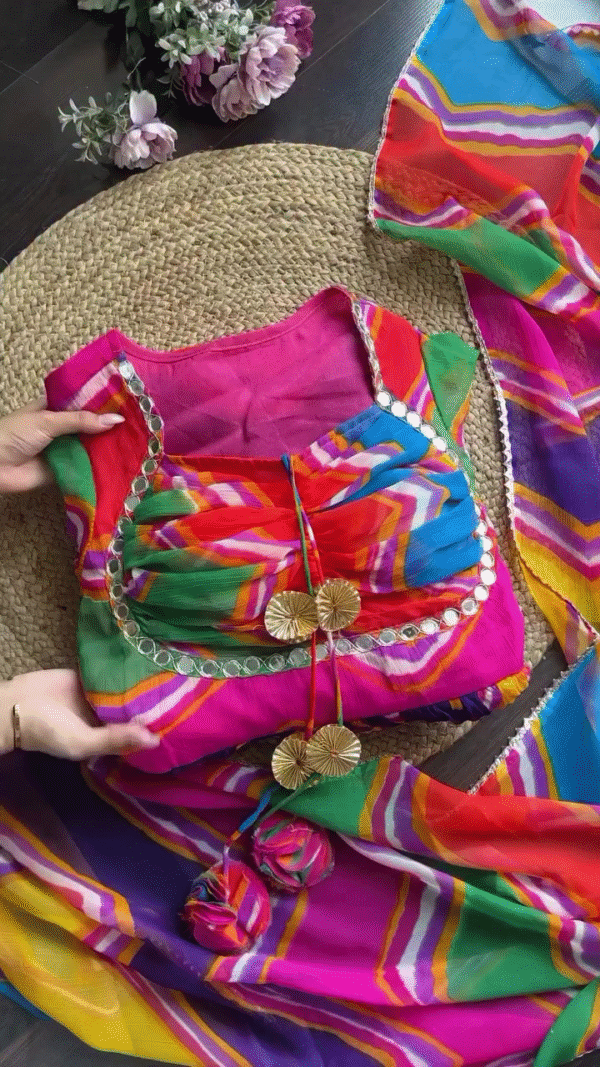 Multicolor Georgette Anarkali Suit Set with Gota Patti Detailing, Flared Pattern, Tassel Embellishments, and Matching Dupatta for Festive and Traditional Wear