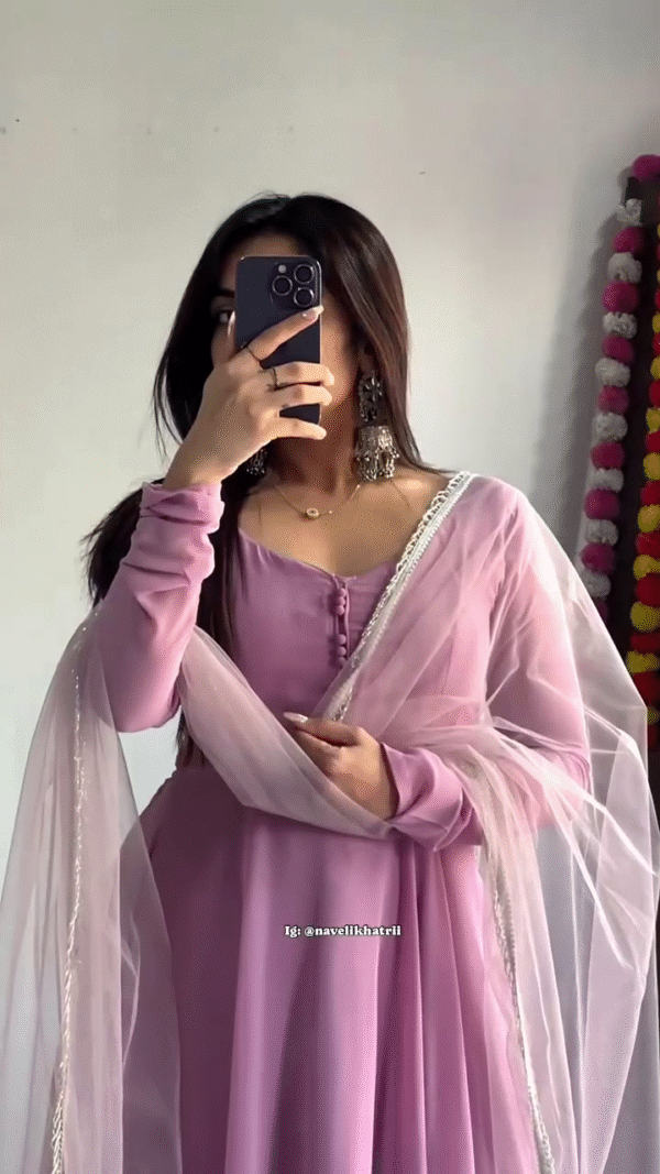 Mauve Solid Georgette Flared Anarkali Gown Style Suit with Full Sleeves, Front Button Detailing, and Sheer Net Dupatta with Silver Sequin Lace Border for Festive and Ethnic Wear - Image 2