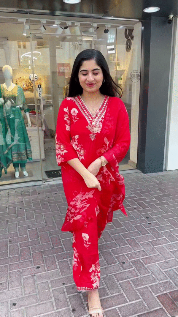 Radiant Red Floral Printed Kurta Set with Intricate Bead and Thread Neck Embroidery, Paired with Matching Printed Dupatta and Embroidered Hem Pants – A Vibrant and Graceful Look for Festive Days, Elegant Daywear, and Semi-Formal Gatherings