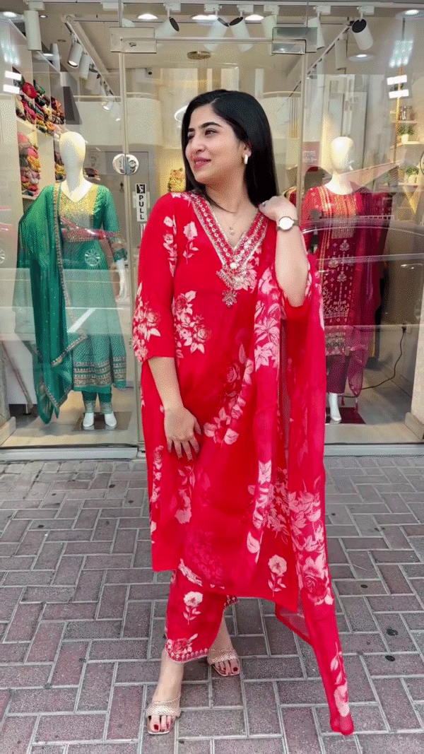 Radiant Red Floral Printed Kurta Set with Intricate Bead and Thread Neck Embroidery, Paired with Matching Printed Dupatta and Embroidered Hem Pants – A Vibrant and Graceful Look for Festive Days, Elegant Daywear, and Semi-Formal Gatherings - Image 2