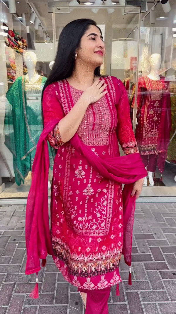 Elegant Ready-to-Wear Suit Collection Showcasing a Vibrant Blend of Festive Reds, Rich Embroideries, Floral Prints, and Subtle Pastel Tones – Crafted in Cotton, Georgette, and Silk Blend Fabrics with Intricate Threadwork, Sequin Embellishments, and Coordinated Dupattas – Perfect for Festive Gatherings, Daytime Celebrations, and Traditional Occasions - Image 2