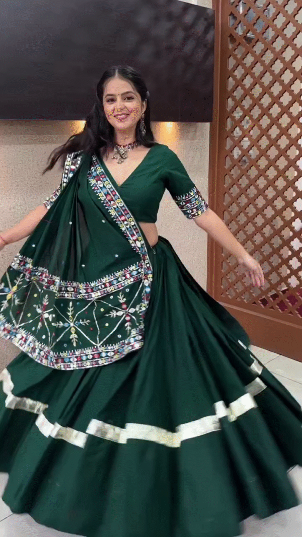 Deep Green Lehenga with Mirror Embroidered Dupatta – Elegant Festive Look