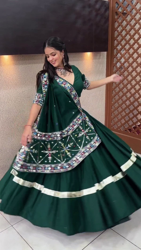 Deep Green Lehenga with Mirror Embroidered Dupatta – Elegant Festive Look - Image 2