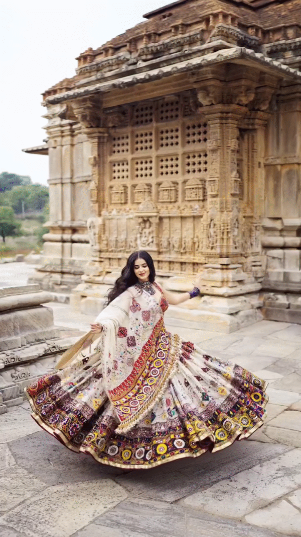 Ivory Mirror Work Lehenga with Colorful Kutchi Embroidery – Royal Heritage Vibes