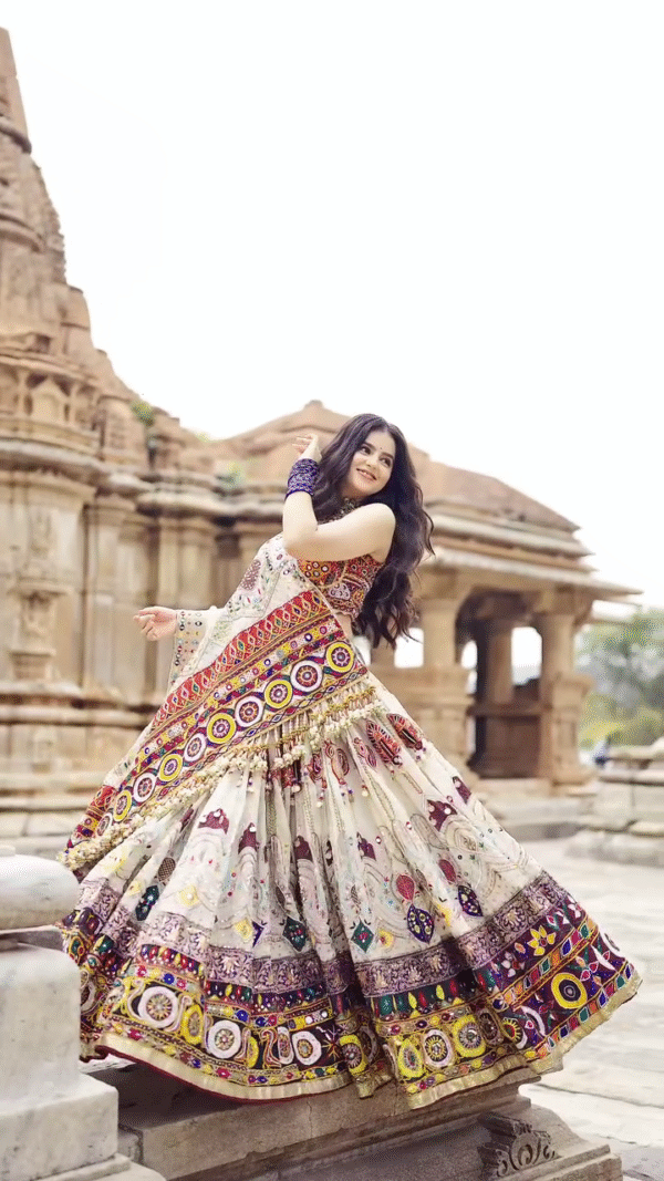 Ivory Mirror Work Lehenga with Colorful Kutchi Embroidery – Royal Heritage Vibes - Image 3