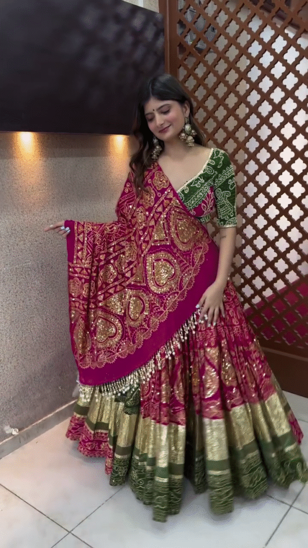 Magenta & Green Banarasi Lehenga with Gold Zari Weaving – Traditional Glam