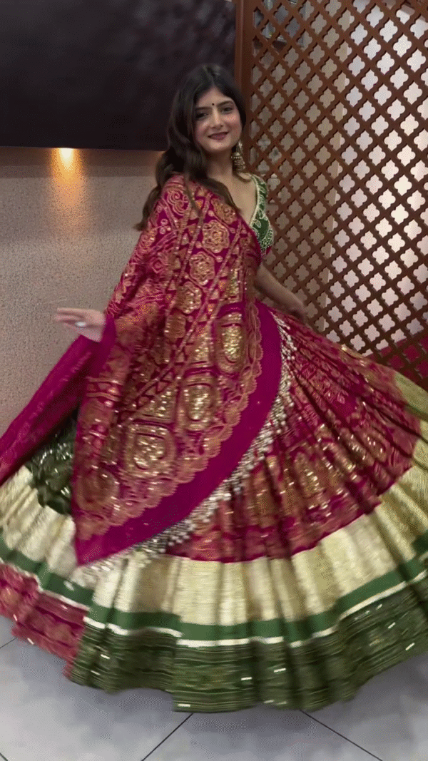 Magenta & Green Banarasi Lehenga with Gold Zari Weaving – Traditional Glam - Image 2