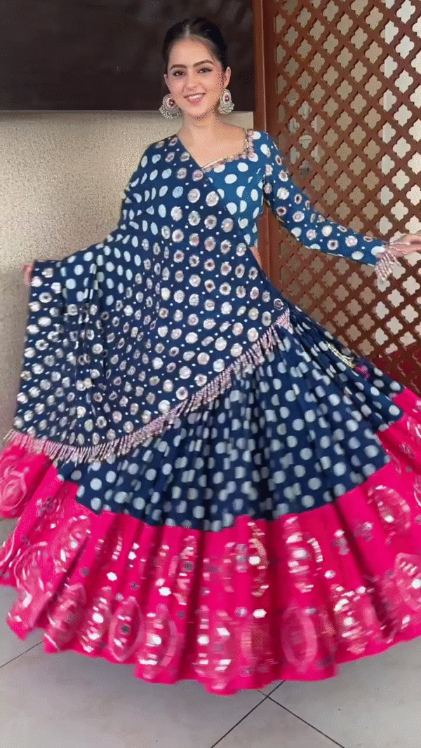 Festive Lehenga Choli Set with Mirror Work & Foil Print in Vibrant Colors – Perfect for Navratri & Celebrations