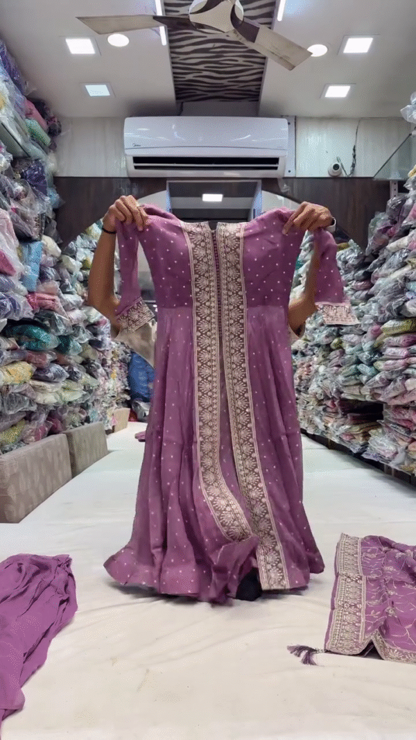 Elegant Lavender Embroidered Anarkali Suit with Heavy Golden Thread Work, Matching Dupatta & Bottom – Perfect for Weddings, Festive Occasions & Traditional Events