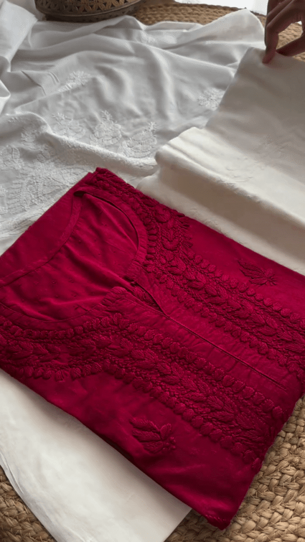 Elegant Deep Red Embroidered Kurti – Soft Cotton Fabric with Intricate Threadwork & Stylish Neckline – Perfect for Casual & Festive Wear