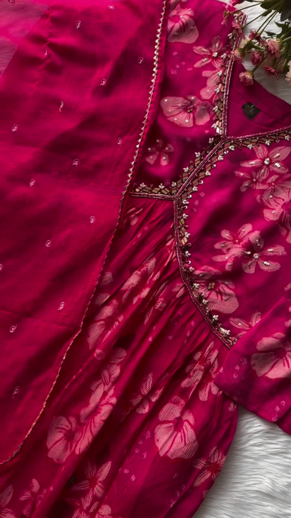 Elegant Floral Embroidered Pink Anarkali with Delicate Pearl Detailing and Flowy Fabric - Image 2