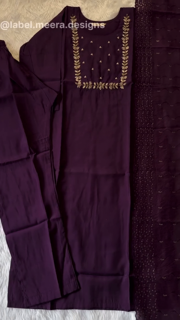 Elegant Purple Embroidered Kurta Set with Matching Dupatta and Trousers for Festive and Traditional Occasions - Image 2