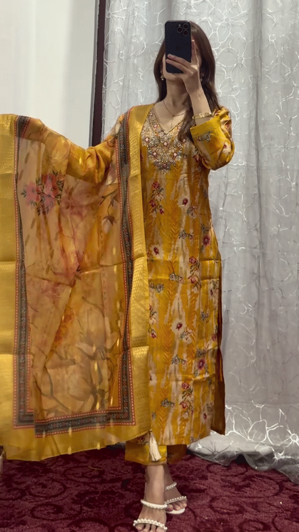Vibrant Yellow Floral Embroidered Kurta with Intricate Beaded Detailing, Paired with a Sheer Dupatta for a Festive and Elegant Look - Image 2