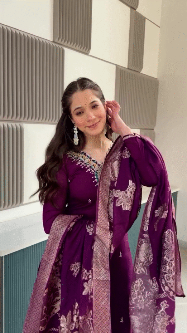 Purple Anarkali Outfit with Intricate Embroidery, Paired with a Beautifully Detailed Dupatta, Complemented by Simple Accessories for a Graceful Traditional Look - Image 2