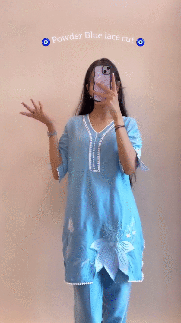 Elegant Powder Blue Lace-Trimmed Kurta Set with Floral Embroidery & Classic Black Printed Kurta Set – Perfect for Casual or Festive Wear - Image 2