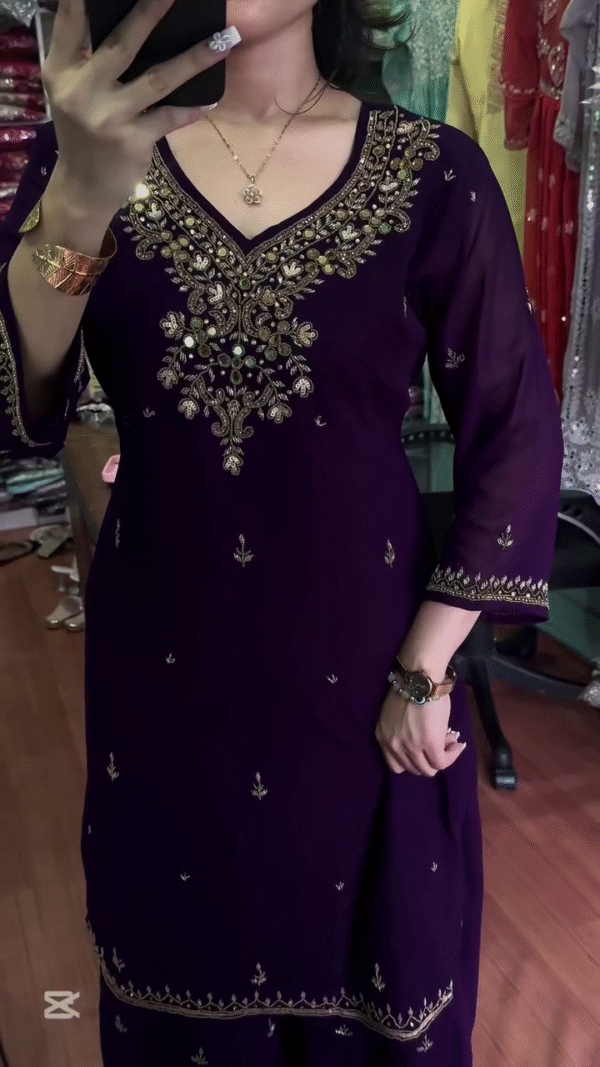 Elegant Purple Embroidered Kurta Set with Gold Detailing – Perfect for Traditional and Festive Occasions - Image 2
