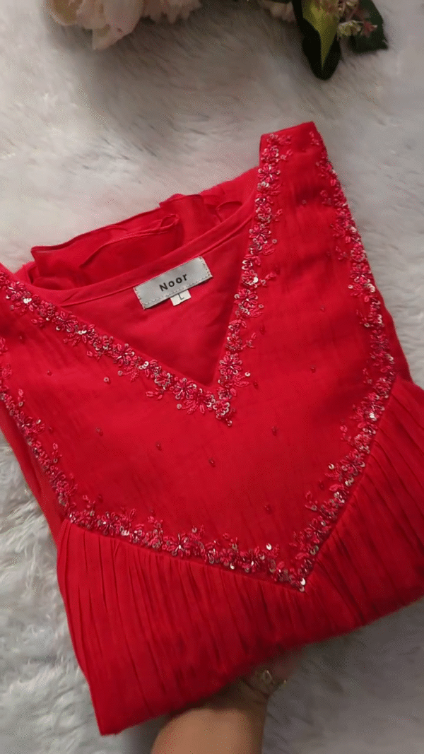 Elegant Red Pleated Kurta with Sequin-Embellished V-Neckline, Perfect for Festive Occasions and Semi-Formal Wear