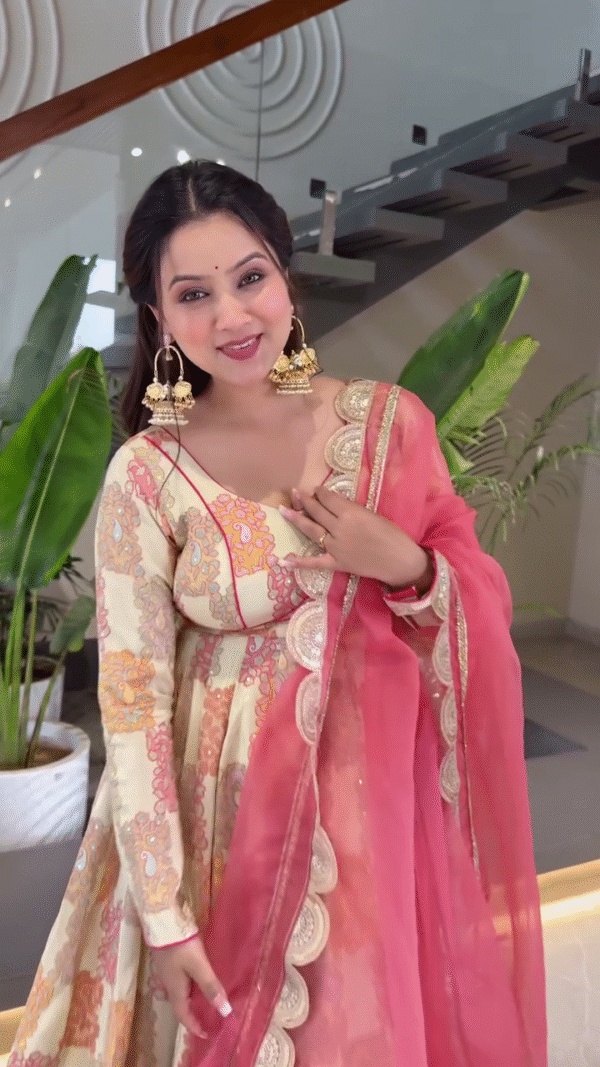 Elegant Beige and Peach Floral Embroidered Anarkali Dress with Sheer Pink Dupatta and Delicate Detailing