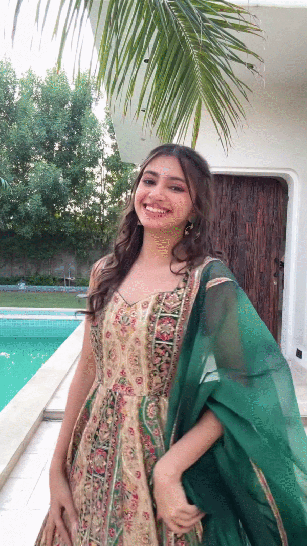 Beige and Green Embroidered Lehenga Set with Floral Details – Perfect for Weddings, Festive Celebrations, and Traditional Occasions