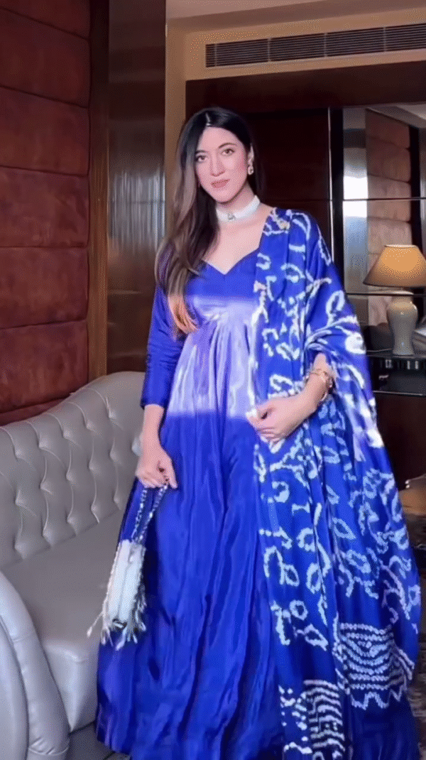 Elegant Blue Tie-Dye Anarkali Dress with Traditional Print and Complementary Dupatta
