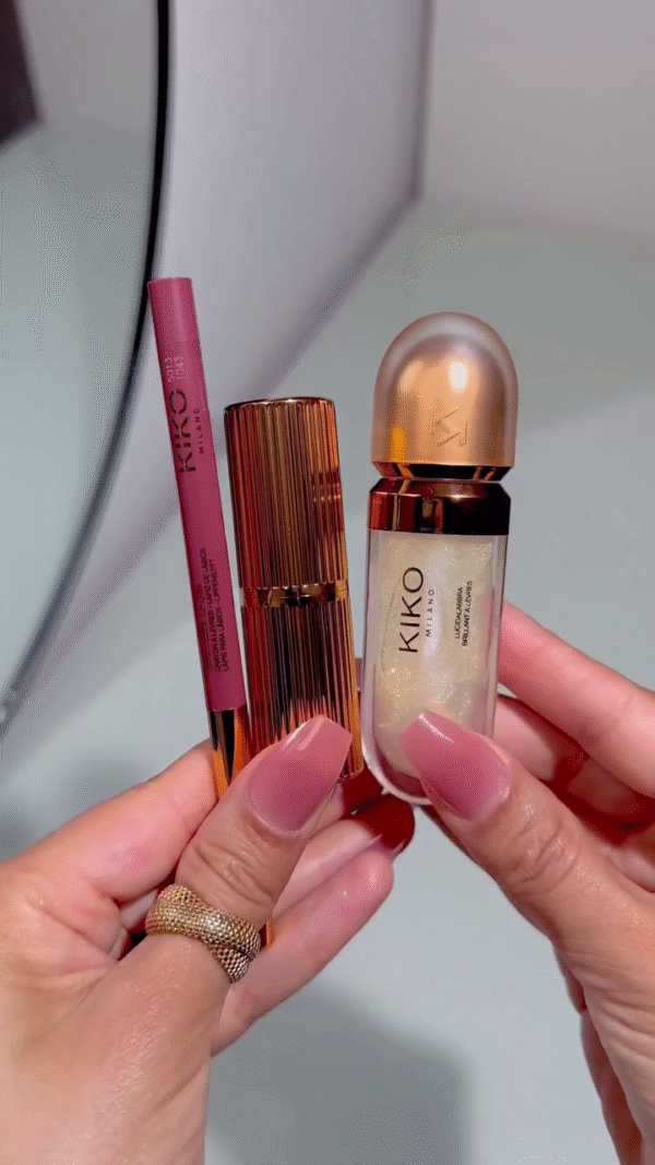 A Collection of Kiko and Other Beauty Products Featuring a Soft Pink Lip Liner, Lipstick, and Gloss for an Elegant Glossy Finish