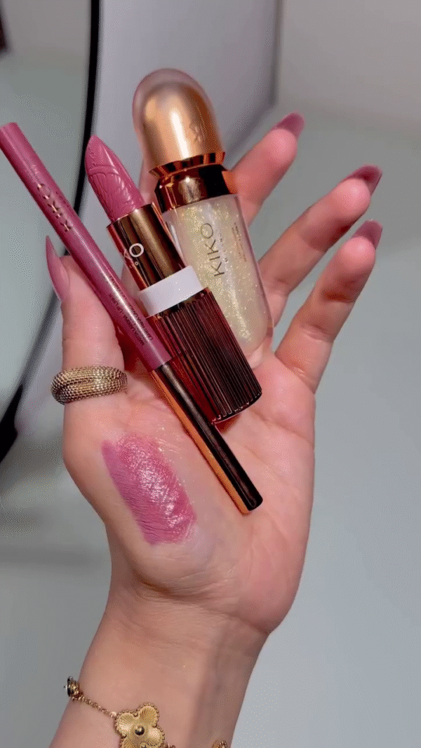 A Collection of Kiko and Other Beauty Products Featuring a Soft Pink Lip Liner, Lipstick, and Gloss for an Elegant Glossy Finish - Image 2